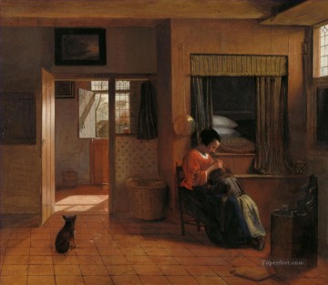  madre Obras - Interior con una madre despiojando el cabello de su hijo conocido como género Deber de la madre Pieter de Hooch
